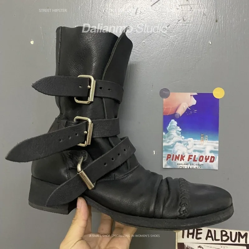 Vintage Style Women Fashion - รองเท้าบูทหนังแท้สไตล์วินเทจสำหรับผู้ชายและผู้หญิง แบบมีสายรัดหัวเข็มขัด ส้นหนา ทรงคาวบอยตะวันตก แบบย่น