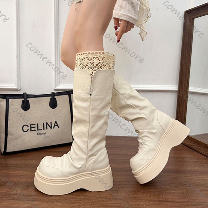 Vintage Style Women Fashion - รองเท้าบูทส้นสูงสไตล์โกธิคประดับลูกไม้สำหรับผู้หญิง แฟชั่นเพิ่มความสูง หนังแท้ ทรงยาว สไตล์วินเทจ