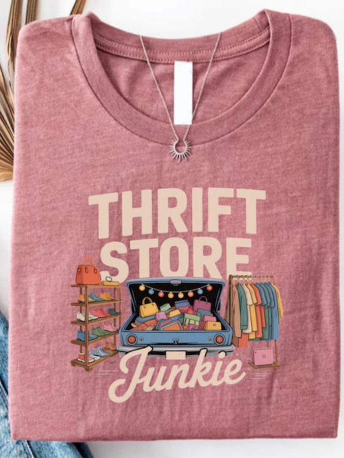 Vintage Fashion Thrift - เสื้อยืดสไตล์วินเทจจากร้านขายของมือสอง - เสื้อคอกลมลำลองสำหรับคนรักของมือสอง เหมาะสำหรับชุดไปตลาดนัดและ E
