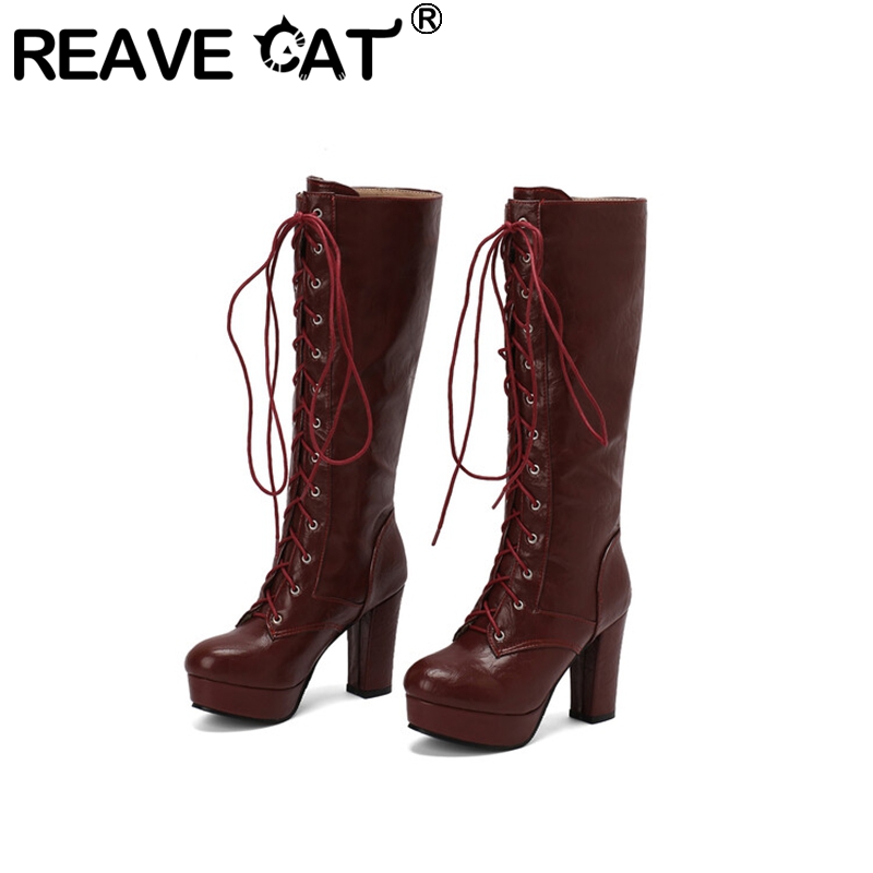 Vintage Style Women Fashion - Reave รองเท้าบูตยาวถึงเข่าสำหรับผู้หญิงแนววินเทจรองเท้าหัวกลมส้นตึกขนาด10ซม. 3ซม. สายรัดคอร์สไซส์48 49แฟชั่นประจำวัน