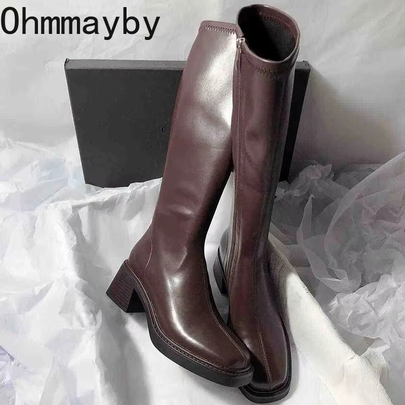 Vintage Style Women Fashion - Vintage ส้นหนาผู้หญิงเข่ารองเท้าบูทสูงแฟชั่นซิปด้านข้างรองเท้าฤดูใบไม้ร่วงฤดูหนาวสุภาพสตรีกระชับยาว Botas De Mujer