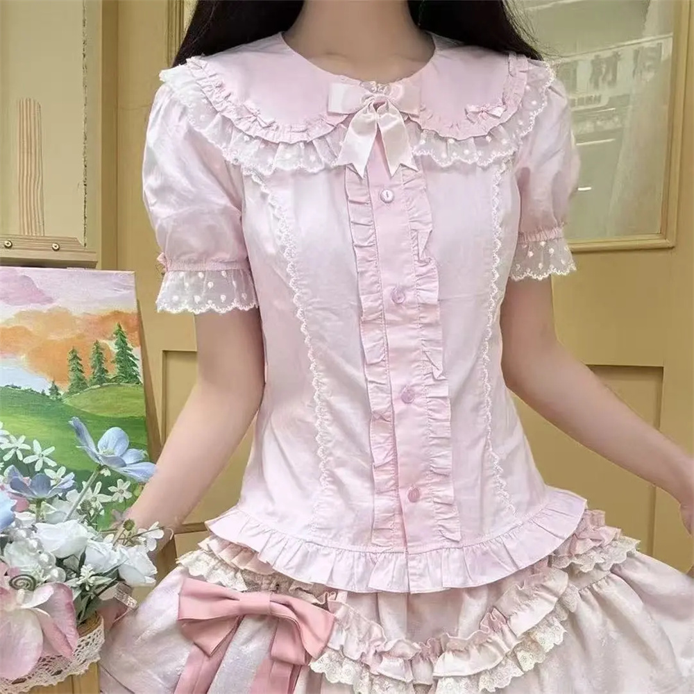 Vintage Fashion In Japan - เสื้อเบลาส์ระบายสไตล์ญี่ปุ่น แขนพอง แฟชั่นผู้หญิง ฤดูใบไม้ผลิ ฤดูร้อน เสื้อเชิ้ตสีพื้น