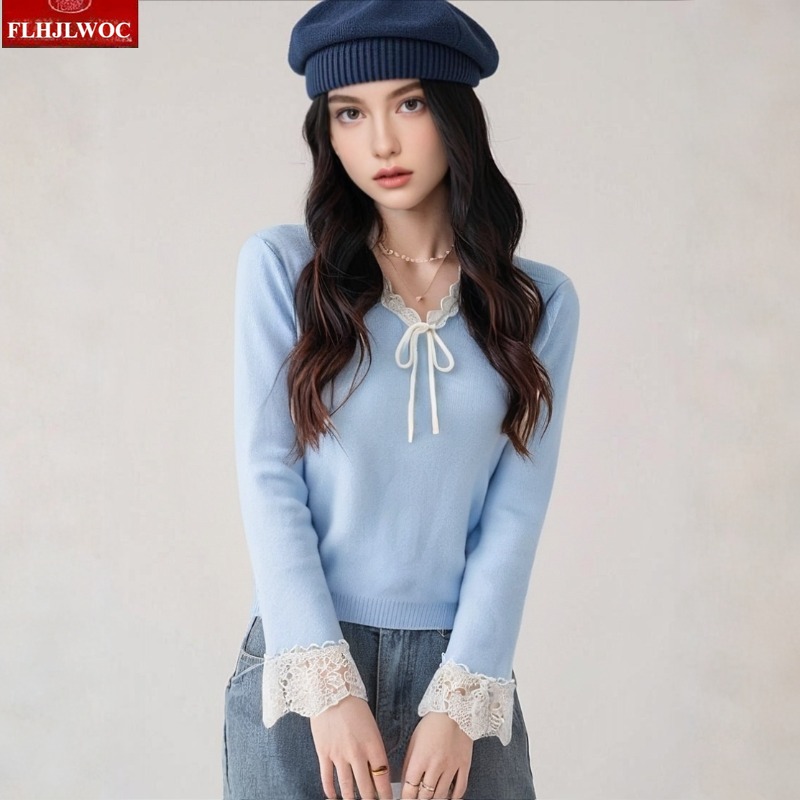 Vintage Fashion In Japan - เสื้อไหมพรมถักลายลูกไม้สีขาวสไตล์ญี่ปุ่นน่ารักหวานแหววสำหรับผู้หญิงแฟชั่นปีใหม่