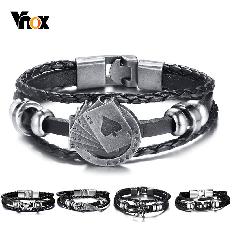 Vintage Vegas Fashion - Vnox Lucky Vintage สร้อยข้อมือหนังผู้ชายการ์ดเล่น Raja Vegas