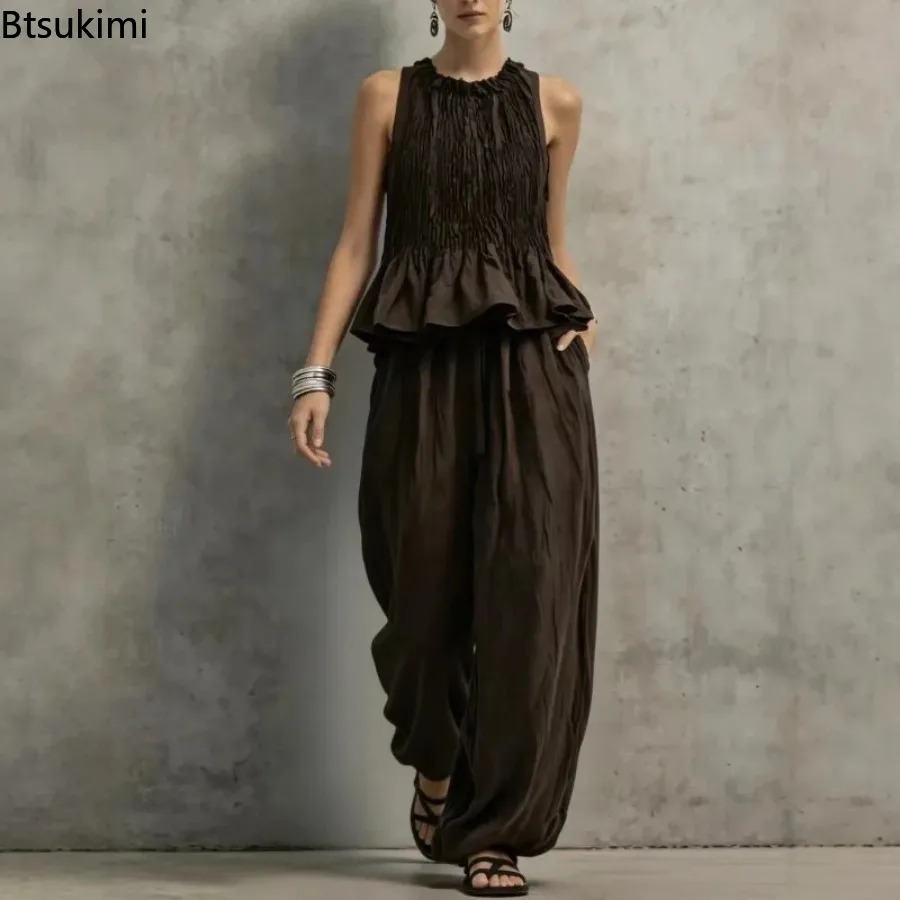 Retro Track Pant - ชุดเซ็ตเสื้อแขนกุดระบายชายเรียบง่ายและกางเกงขายาวเอวสูง 2 ชิ้น ชุดลำลองสไตล์วินเทจฝรั่งเศสสำหรับผู้หญิง เหมาะสำหรับวันพักผ่อน