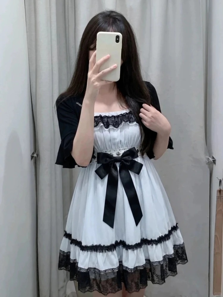 Vintage Fashion Pieces - แฟชั่นโกธิคพังก์น่ารัก ชุดเซ็ต 2 ชิ้นสำหรับผู้หญิง ชุดเดรสสีฟ้าลายโบว์สไตล์โลลิต้า +