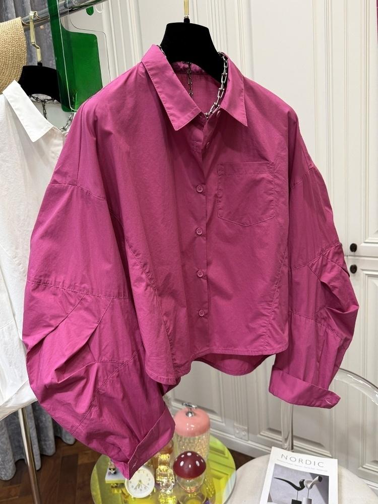 Vintage Fashion In Japan - เสื้อเชิ้ตผู้หญิงทรงหลวม แขนพอง สไตล์ญี่ปุ่น ผ้าสีพื้น จีบระบาย แฟชั่นวินเทจ