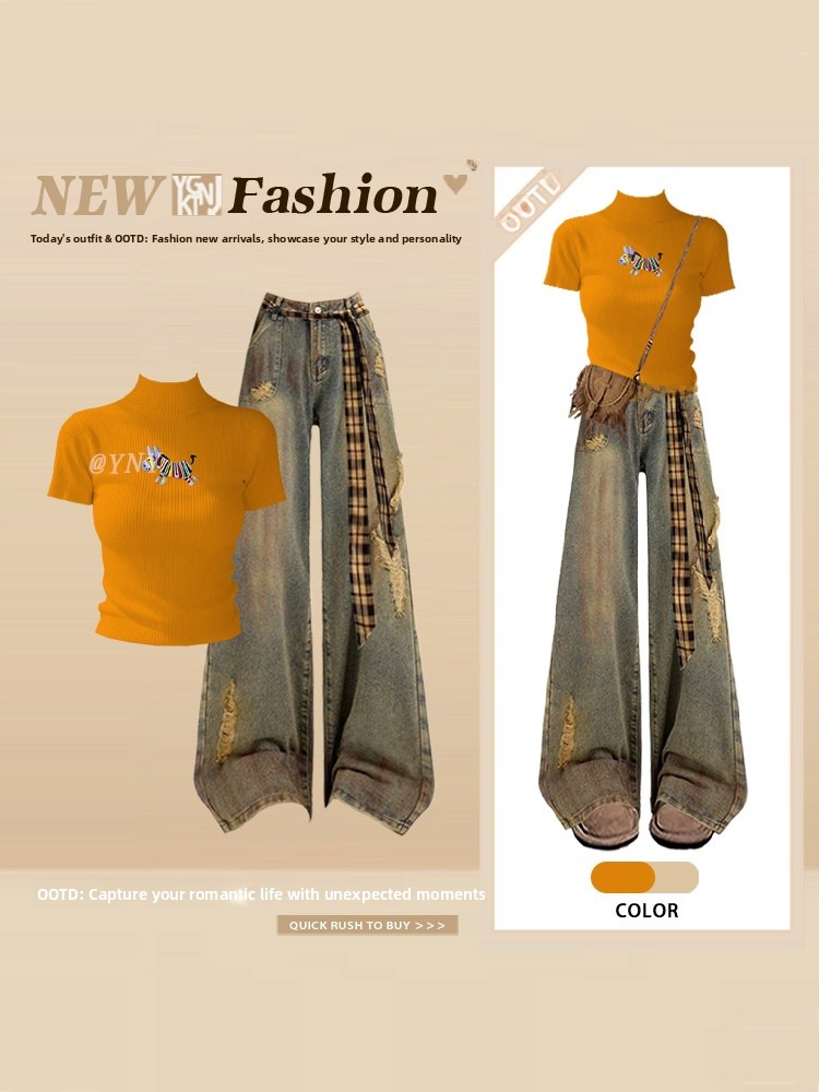 Vintage Fashion Wear - ชุดเสื้อยืดแขนสั้นสไตล์อเมริกันสำหรับฤดูร้อนและกางเกงยีนส์ ปักลายวินเทจ ดีไซน์ขาดๆ แฟชั่นลำลองสำหรับผู้หญิง ชุดสองชิ้น