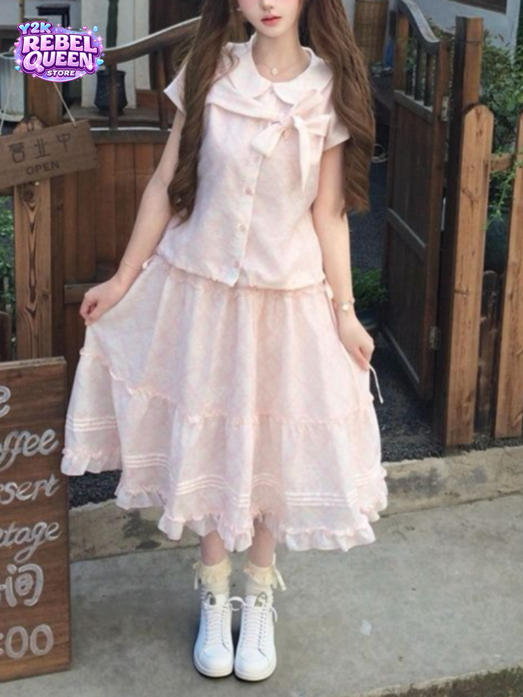 Vintage Fashion Pieces - เสื้อคอปีเตอร์แพนสไตล์วินเทจญี่ปุ่น แต่งโบว์หวานๆ + กระโปรงระบายยาวปานกลาง ชุดเซ็ต 2