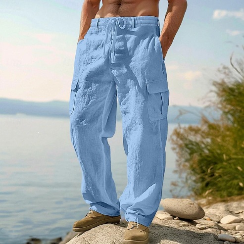 Retro Track Pant - กางเกงขายาวผ้าฝ้ายลินินสไตล์ชาติพันธุ์ลำลอง ทรงหลวม สีพื้น แต่งเชือกผูก เอวสูง สำหรับผู้ชาย
